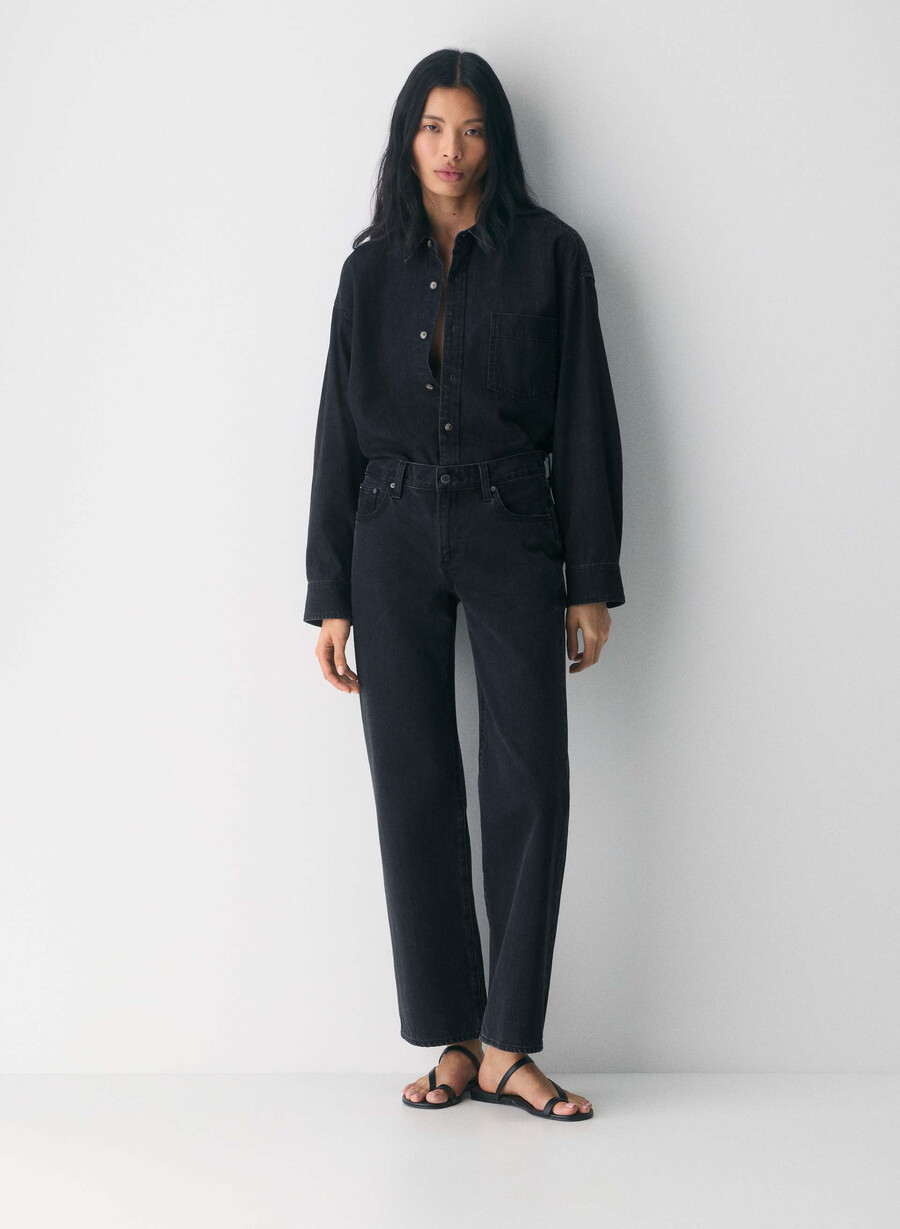 denim forum 80-tals bekväm jeansskjorta svart eyeliner