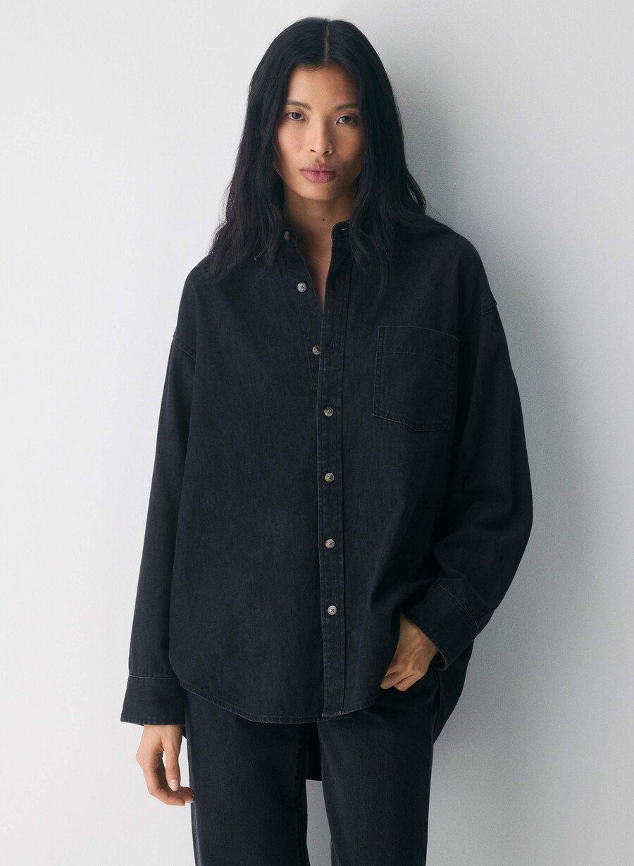 denim forum 80-tals bekväm jeansskjorta svart eyeliner