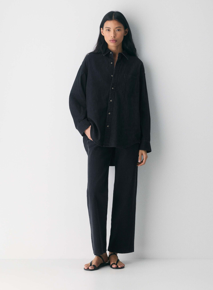denim forum 80-tals bekväm jeansskjorta svart eyeliner