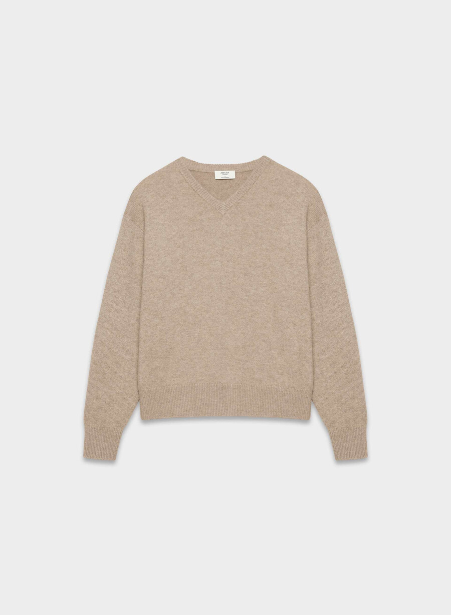 essential cashmere avslappnad v-ringad tröja undyed hthr nmd taupe