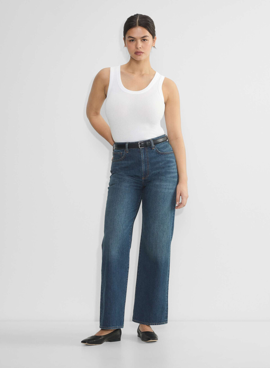 denim forum farrah curve-fit hi-rise wide jeans be about dark bleu
