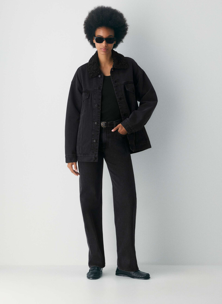 denim forum 90-tals vintage sherpajeansjacka svart eyeliner