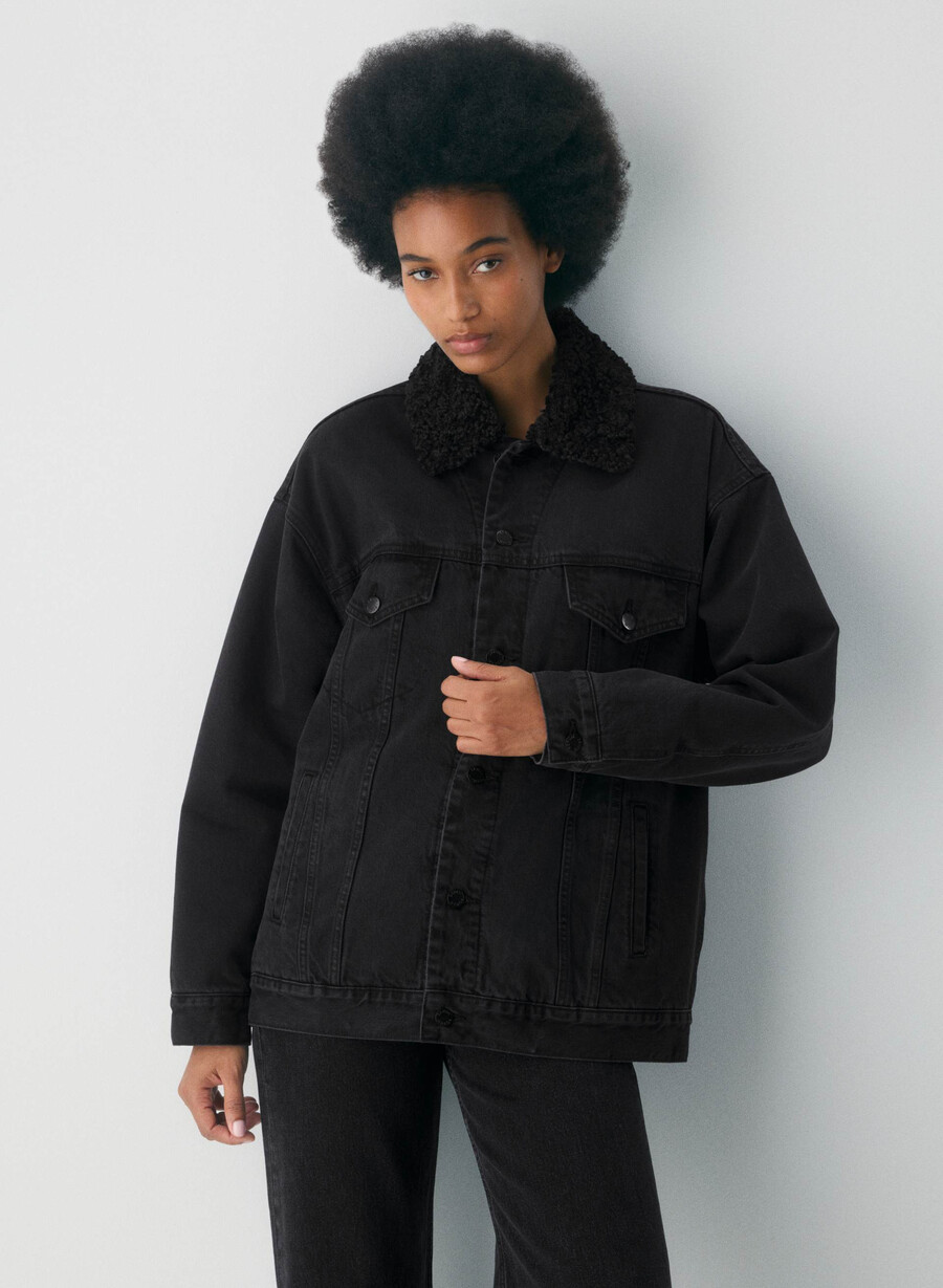 denim forum 90-tals vintage sherpajeansjacka svart eyeliner