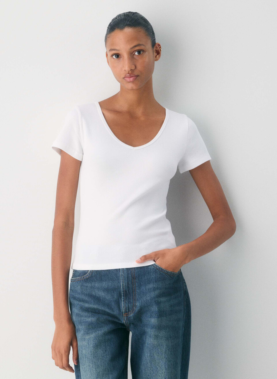 homestretch ribbad v-ringad t-shirt vit