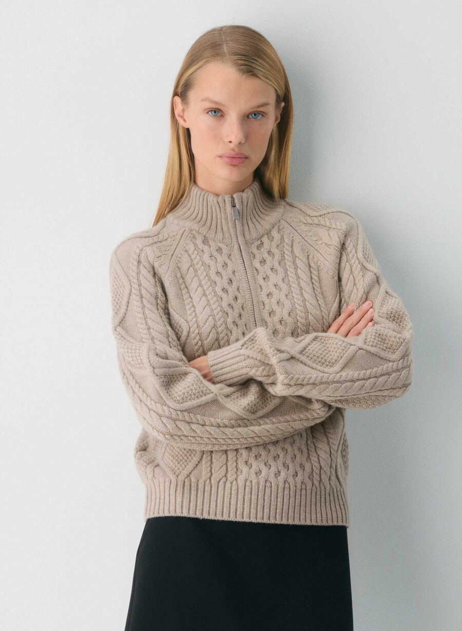 heritage knit merinoullströja med 14-dragkedja heather nomad taupe