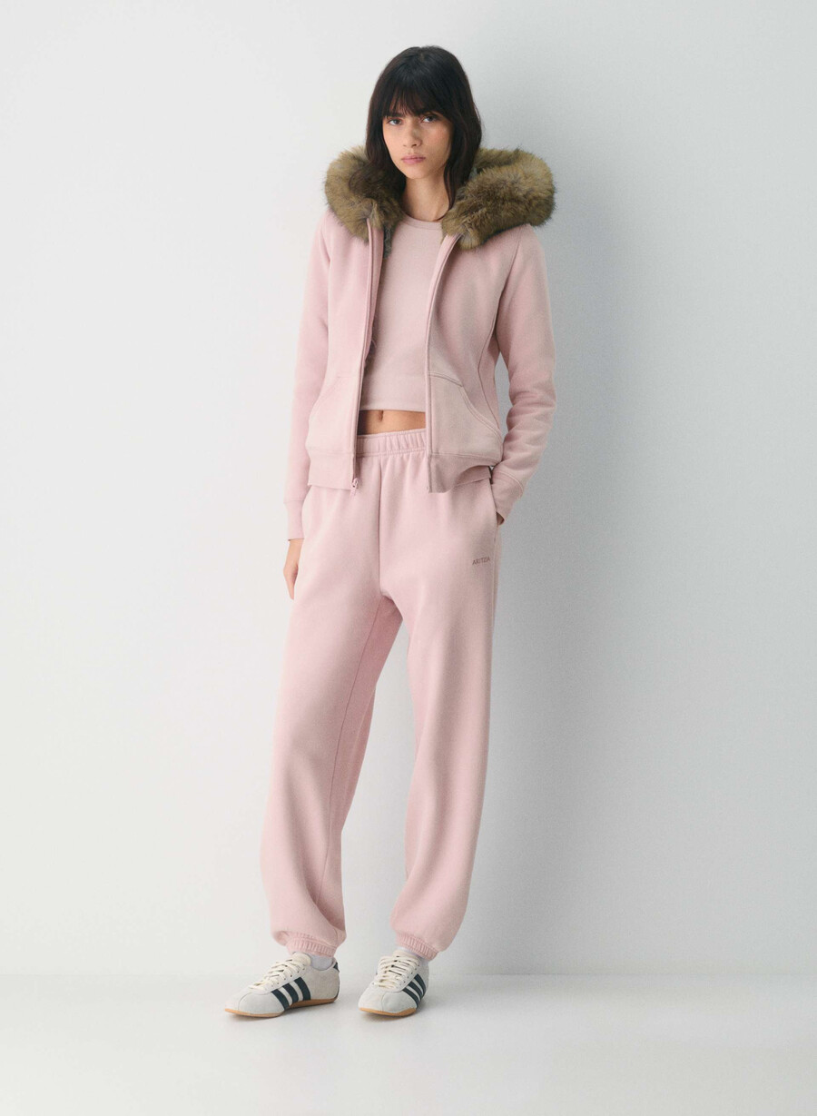 mysig fleecehuvtröja med dragkedja i dusty pink lynx beige