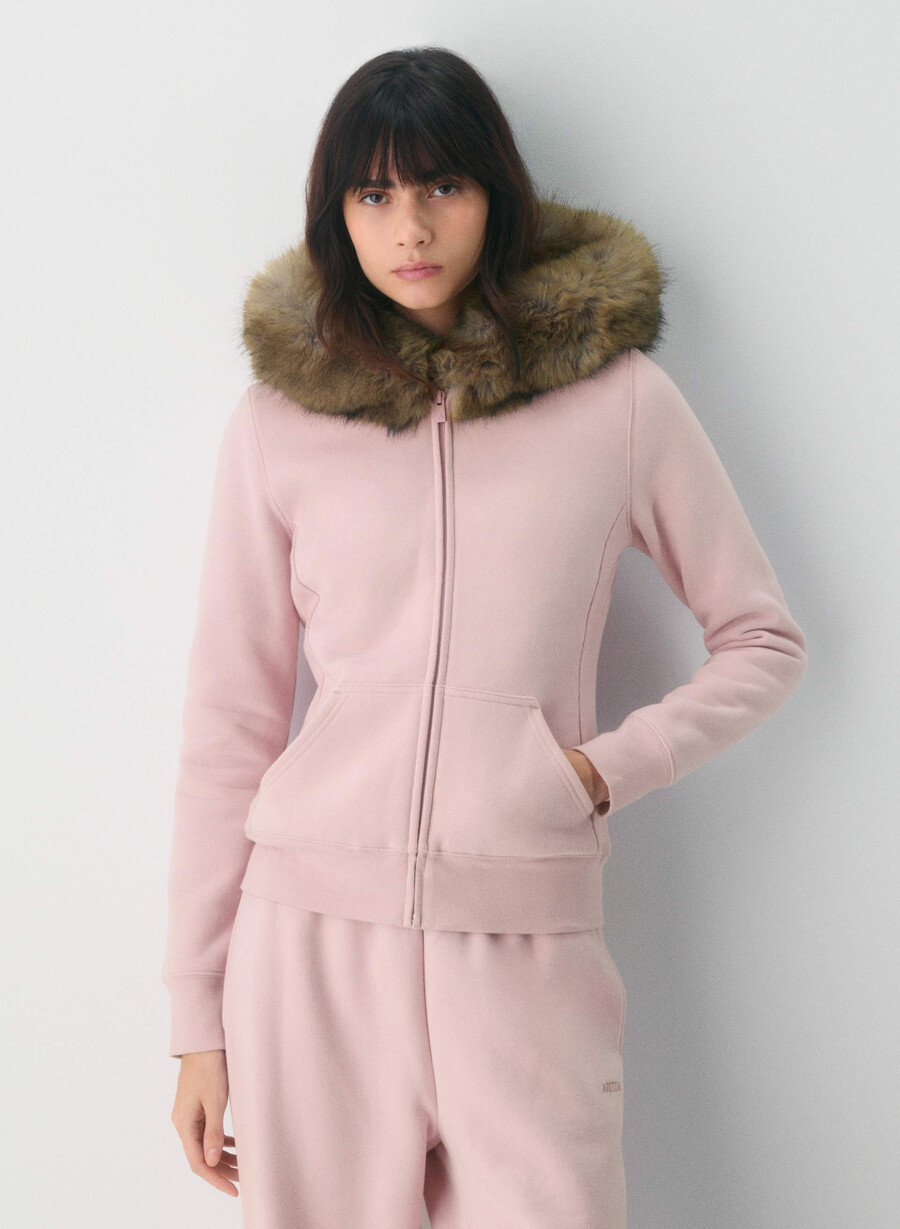 mysig fleecehuvtröja med dragkedja i dusty pink lynx beige