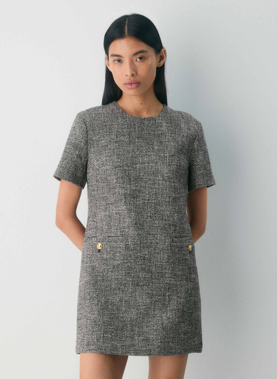 capote klänning spckl tweed svartvit