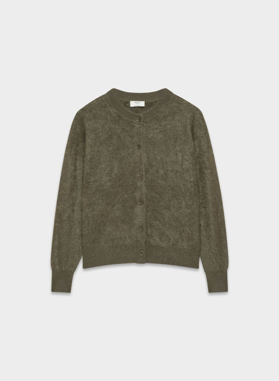 borstad kashmir avslappnad crew cardigan mÖrkoliv