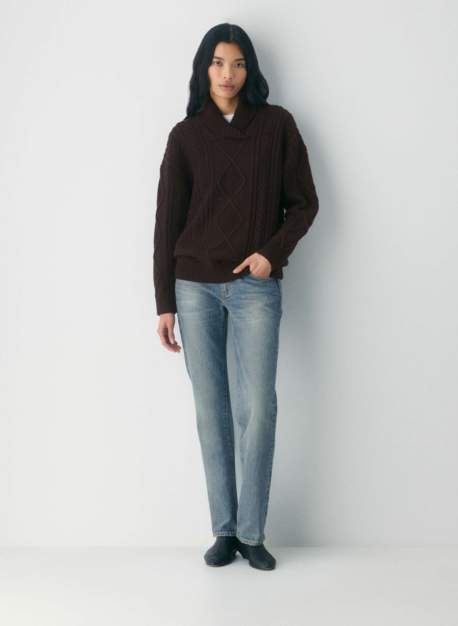 heritage knit merinoullströja med sjalkrage rich mocha brun
