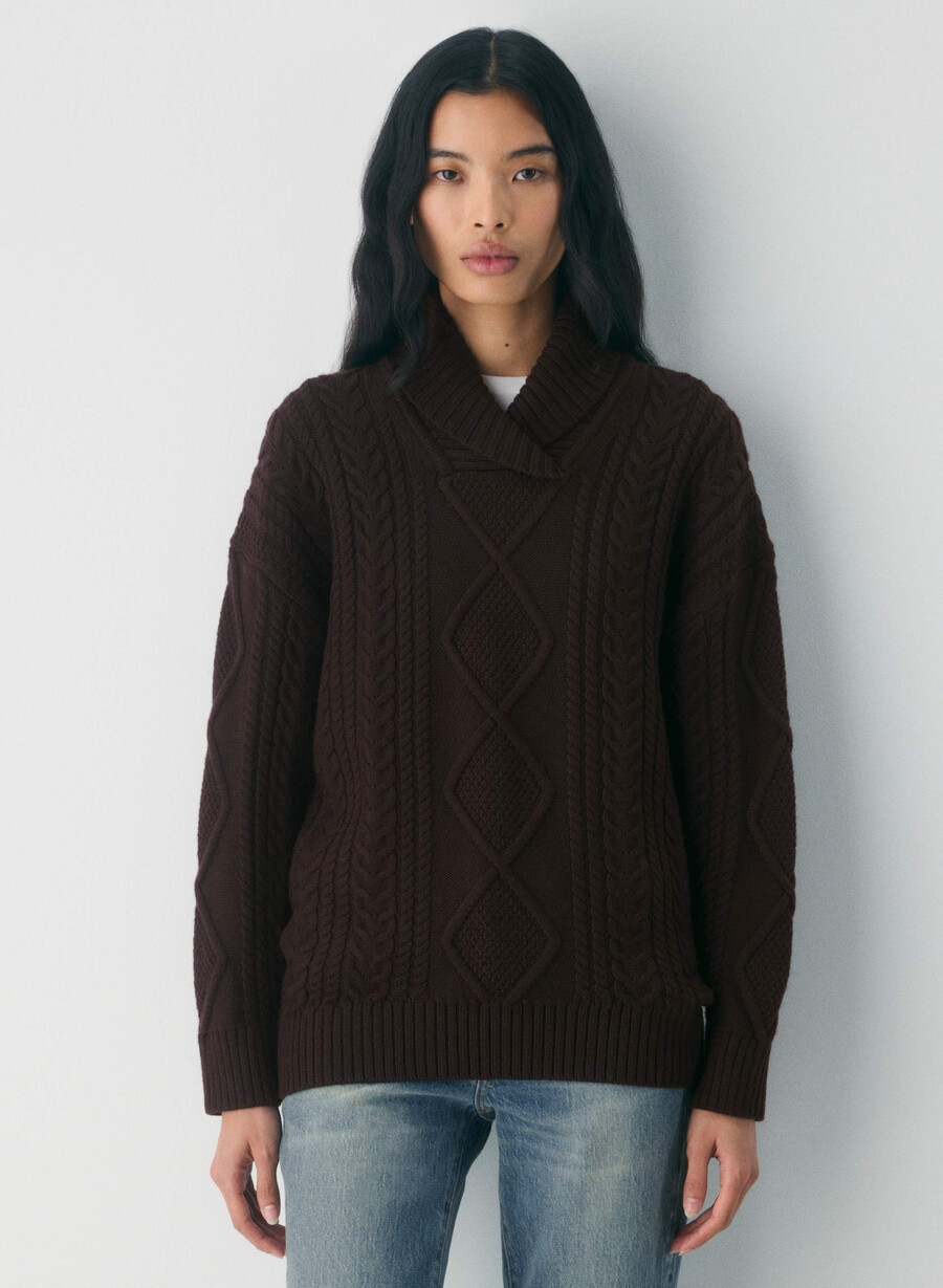 heritage knit merinoullströja med sjalkrage rich mocha brun