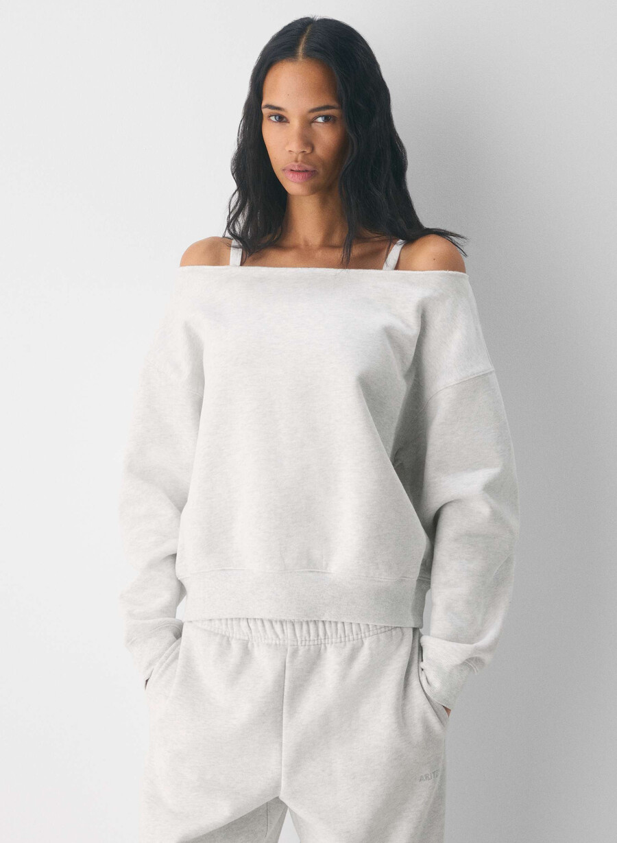 mysig fleece bf off-shoulder sweatshirt heather cloud white