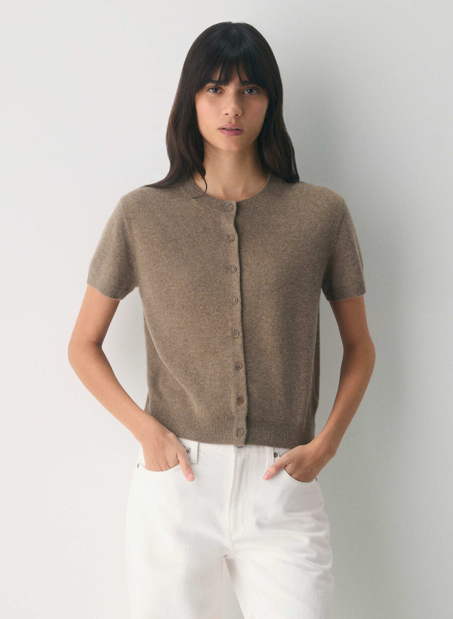 bare cashmere kortärmad cardigan ljunggrön folio brun